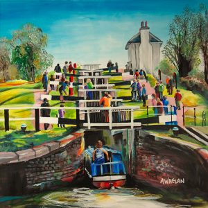 Vibrant acrylic painting of the iconic flight of locks on the grand union canal at Foxton by Allie Whelan