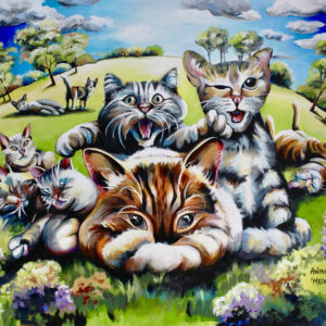 Vibrant acrylic painting by Allie Whelan entitled 'Meow' featuring 7 cats in cheeky poses on the grass in a park.