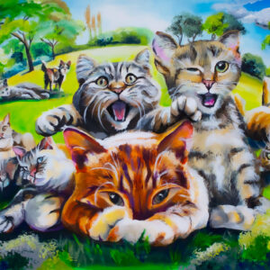 vibrant acrylic painting of a gang of 9 cats lounging in a park, but Allie Whelan