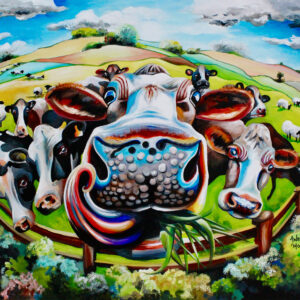 'Moo' a vibrant acrylic painting of cows in a girls with sheep, by Allie Whelan