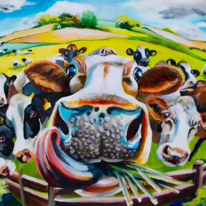 vibrant bold acrylic painting of a group of cows in a field by Allie Whelan