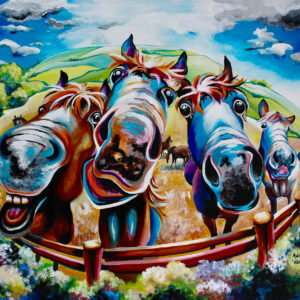 Vibrant Acrylic painting of 4 horses in a fiend by Allie Whelan