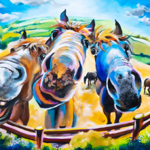 Vibrant acrylic painting of three horses in a field by Allie Whelan