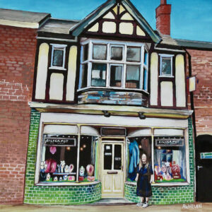 Front of the wood and plaster front of the Silverpot (now Willow and Wild) shop, an independent ladies gift boutique.
