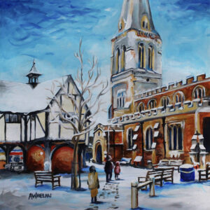 Acrylic Painting featuring St Dionysius Church and the iconic Grammar School building in the centre of Market Harborough