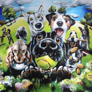 A vibrant acrylic painting of a group of playful dogs in a park by Allie Whelan