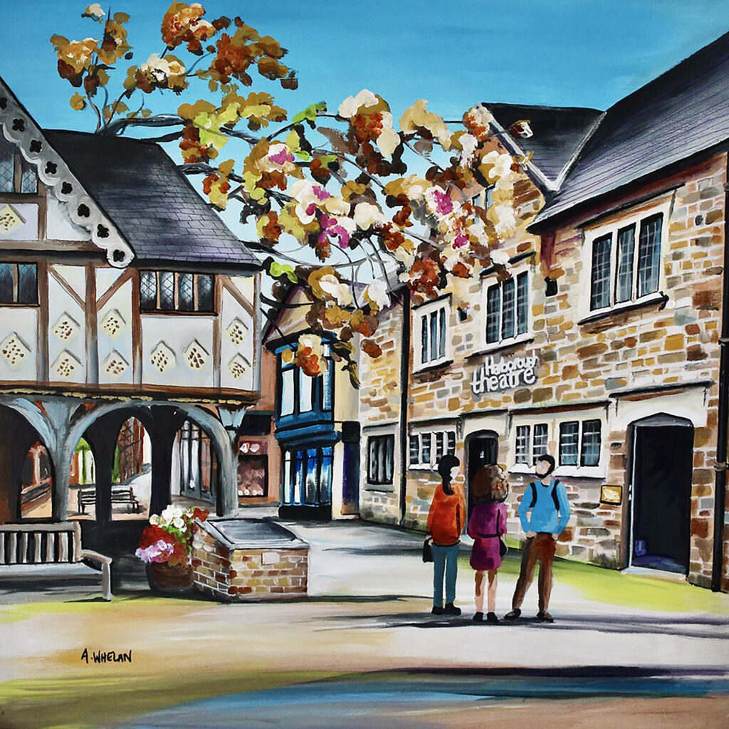 Painting of Harborough Theatre and Grammar School in Market Harborough's cultural quarter.