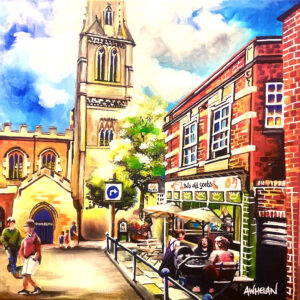 Vibrant acrylic painting of the view of St Dionysius from church street, by Allie Whelan