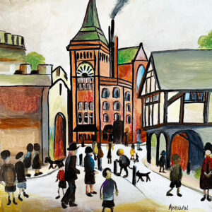 Industrial simple vibe acrylic painting of the symingtons building, grammar school and St Dionysius in the centre of Market Harborough by Allie Whelan