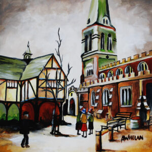 bold characterful acrylic painting of St Dionysius church and the iconic old grammar school in the centre of Market Harborough by Allie Whelan