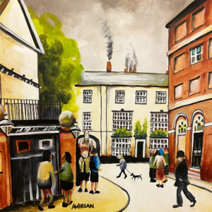 Simple semi-industrial vide acrylic painting of the three swans and the side of the Red Cow Hotel in Market Harborough by Allie Whelan.