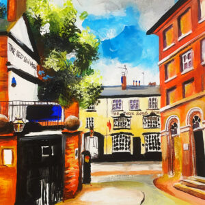 vibrant acrylic painting of the three swans and the side of the red cow pub in market harborough by Allie Whelan