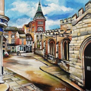 characterful acrylic painting of the Wine Shed and St Dionysius Church in Market Harborough by Allie Whelan