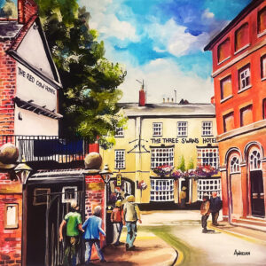 vibrant acrylic painting of the three swans and the red cow hotel in the centre of Market Harborough by Allie Whelan